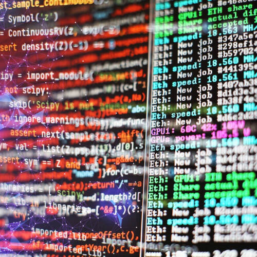 A split screen showing multi‑colored programming output and GPU mining log text—on the left, lines of Python code (e.g. import_module, assert density(Z)==1) overlay an abstract digital‑graph network pattern.